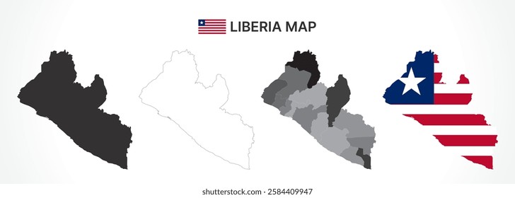 A diverse set of Liberia maps, including a black silhouette, detailed outline, political division map with counties, and a flag-themed version, ideal for educational and design purposes