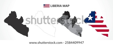 A diverse set of Liberia maps, including a black silhouette, detailed outline, political division map with counties, and a flag-themed version, ideal for educational and design purposes