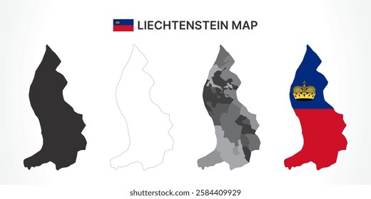 A diverse set of Liechtenstein maps, including a black silhouette, detailed outline, political division map with municipalities, and a flag-themed version, ideal for educational and design purposes