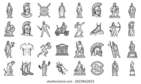 A diverse set of line art drawings depicting ancient Greek warriors gods and mythical figures in various poses and actions.