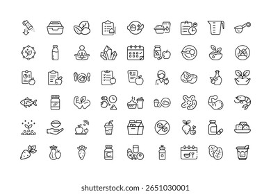 A diverse set of line art icons representing healthy lifestyle choices and nutritional elements.