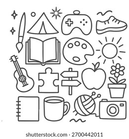 Um conjunto diversificado de ícones de arte de linha representando diferentes hobbies e atividades de lazer, incluindo arte, música, leitura e atividades ao ar livre.