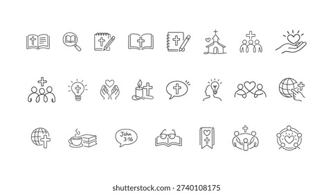A diverse set of line art icons representing various aspects of Christian life, faith, and community engagement