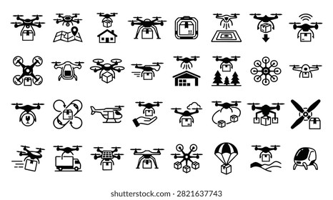 A diverse set of line art icons illustrating different types of drones and their applications in delivery, mapping, and surveillance.