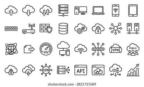 A diverse set of line art icons representing various technology and network concepts.