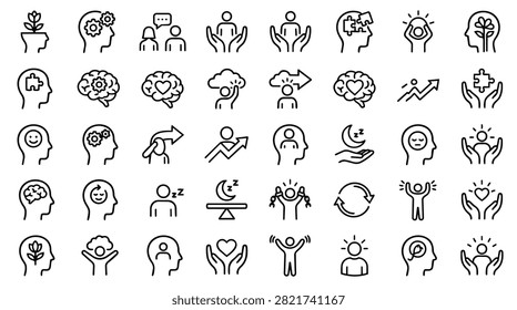 A diverse set of line art icons illustrating various aspects of the human mind, emotions, and mental states.