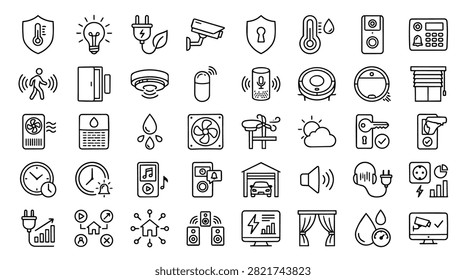 A diverse set of line art icons representing various smart home devices and functions for modern living.