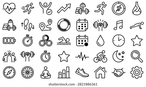 A diverse set of line art icons symbolizing health, fitness, sports, and well-being activities for graphic design.