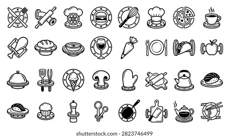 A diverse set of line art icons representing various food items, kitchen tools, and dining elements for culinary use.