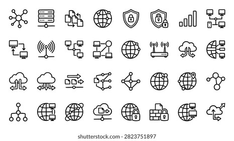 A diverse set of line art icons illustrating various aspects of computer networks cloud computing and data security concepts