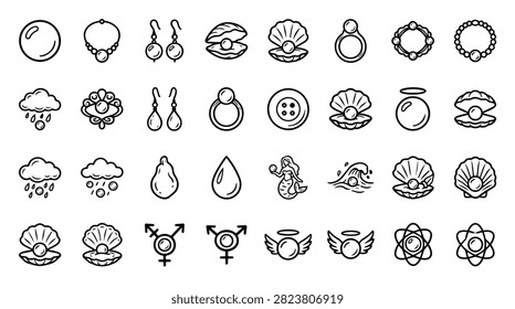 A diverse set of line art icons featuring pearls, shells, rings, earrings, and various symbolic representations.