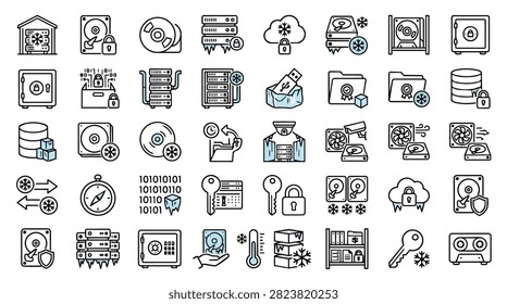 A diverse set of line art icons illustrating various aspects of digital data storage, cloud computing, and security measures.