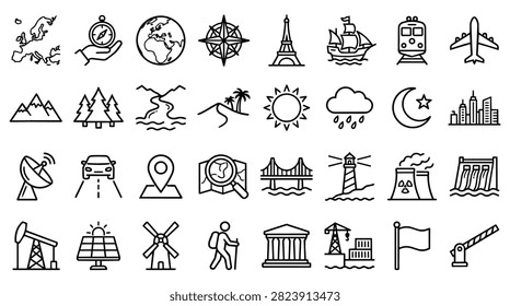 A diverse set of line art icons representing travel, navigation, landmarks, and industrial elements.
