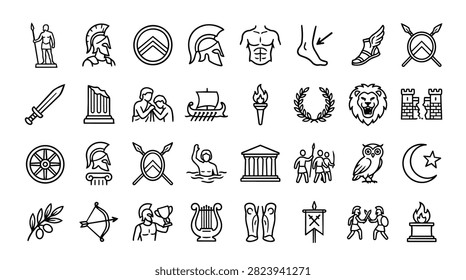 A diverse set of line art icons representing ancient Greek culture mythology and history