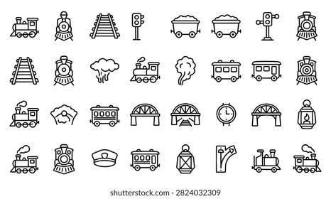 A diverse set of line art icons featuring vintage trains, railway tracks, carriages, bridges, and signals.