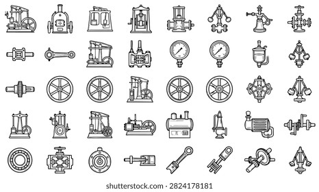 A diverse set of line art icons representing various industrial machines, engineering components, and mechanical elements.
