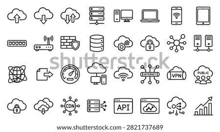 A diverse set of line art icons representing various technology and network concepts.