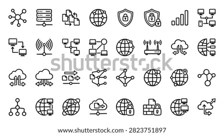 A diverse set of line art icons illustrating various aspects of computer networks cloud computing and data security concepts