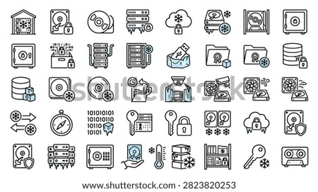 A diverse set of line art icons illustrating various aspects of digital data storage, cloud computing, and security measures.