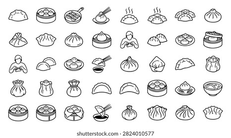 A diverse set of line art illustrations representing different types of Chinese dumplings and dim sum dishes.