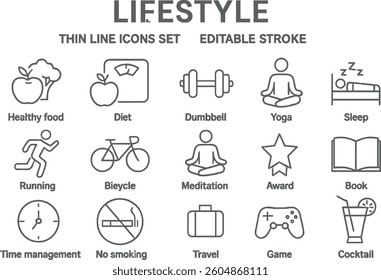 A diverse set of line icons illustrates various aspects of a healthy lifestyle, including activities like running, yoga, and cooking healthy food. Each icon represents a different element of wellness.
