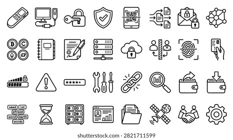 A diverse set of line icons representing various technology and security concepts, including data, networks, and digital safety.