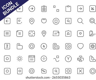 A Diverse Set of Line Icons for Web and Mobile User Interface Design, Featuring Navigation, Communication, File Management, Security, Location, Search, Cloud, Social Media, and Technology Elements in 