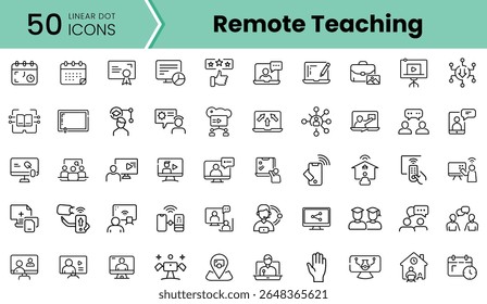 A diverse set of linear icons representing remote teaching, featuring elements like online classes, communication, and educational tools in a minimalist design.