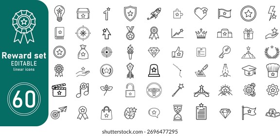 a diverse set of linear icons representing rewards achievements and success, neatly organized on a white background
