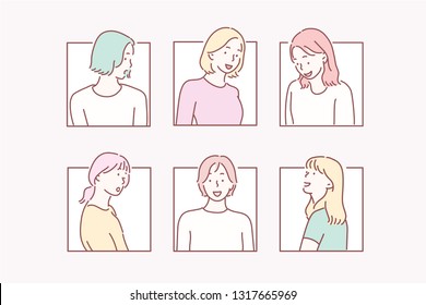 Diverse set of little girl. Hand drawn style vector design.