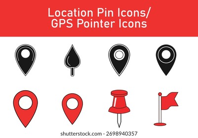 A diverse set of location pin and GPS pointer icons in various styles and colors, including pushpins and flags. Isolated on a white background for versatile use in design projects.