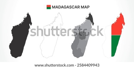 A diverse set of Madagascar maps, including a black silhouette, detailed outline, political division map with regions, and a flag-themed version, ideal for educational and design purposes