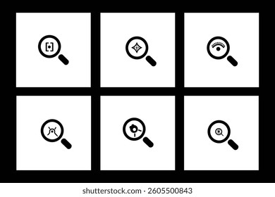 Diverse set of magnifying glass symbols representing user, globe, and more. Ideal for UI-UX and graphic design.