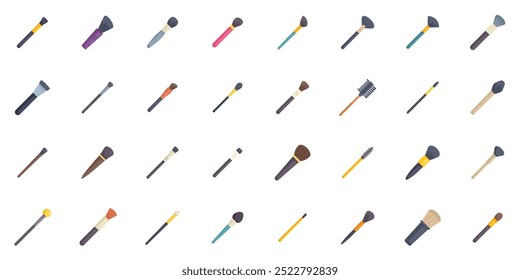 Diverse set of makeup brushes, featuring various sizes and shapes, perfect for applying a wide range of cosmetics