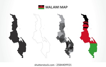 A diverse set of Malawi maps, including a black silhouette, detailed outline, political division map with regions, and a flag-themed version, ideal for educational and design purposes