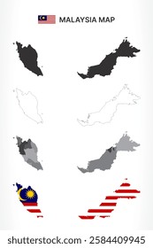 A diverse set of Malaysia maps, including a black silhouette, detailed outline, political division map with states, and a flag-themed version, ideal for educational and design purposes