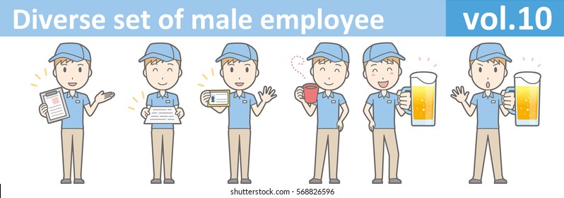 Diverse Set Of Male Employee, EPS10 Vol.10 (Male Employee In A Blue Polo Shirt And Cap)