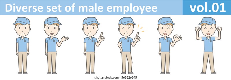 Diverse Set Of Male Employee, EPS10 Vol.01 (Male Employee In A Blue Polo Shirt And Cap)