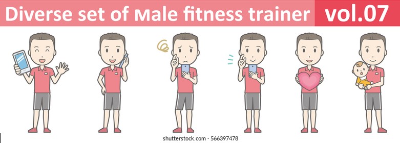 Diverse Set Of Male Fitness Trainer, EPS10 Vol.07 (Male Gym Clerk Wearing A Red Polo Shirt)