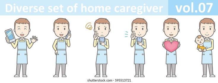 Diverse set of male home caregiver, EPS10 vol.07 (Male caregiver wearing a blue apron)