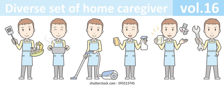 Diverse Set Of Male Home Caregiver, EPS10 Vol.16 (Male Caregiver Wearing A Blue Apron)