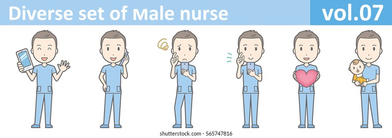 Diverse set of male nurse , EPS10 vector format vol.07 (Illustration of various poses of male nurses wearing blue scrub)