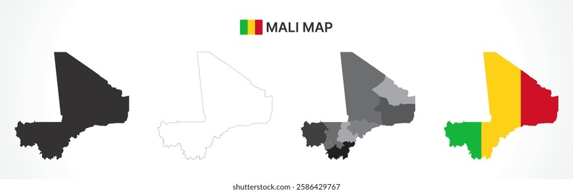 A diverse set of Mali maps, including a black silhouette, detailed outline, political division map with regions, and a flag-themed version, ideal for educational and design purposes