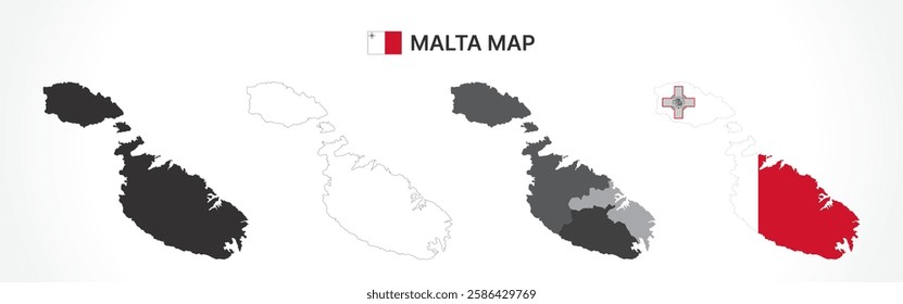 A diverse set of Malta maps, including a black silhouette, detailed outline, political division map with regions, and a flag-themed version, ideal for educational and design purposes