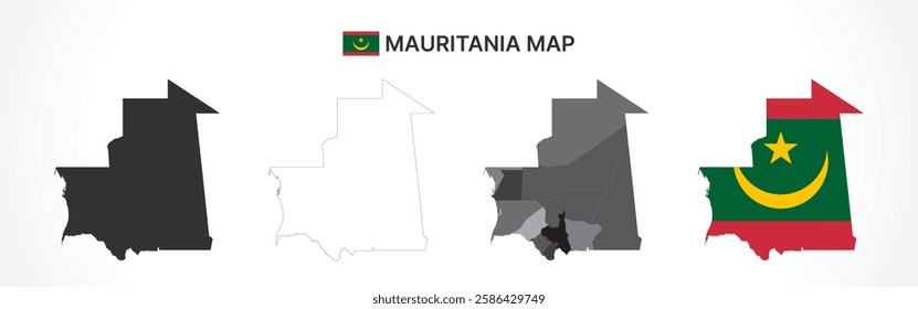 A diverse set of Mauritania maps, including a black silhouette, detailed outline, political division map with regions, and a flag-themed version, ideal for educational and design purposes