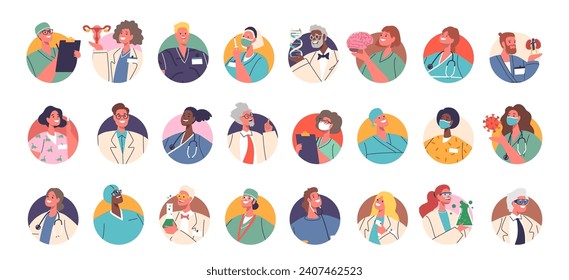 Diverse Set Of Medics And Doctors Cartoon Vector Character Avatars Featuring A Range Of Healthcare Professionals