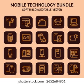 Zahlreiche sorgfältig gestaltete Liniensymbole, die die Integration und Konnektivität moderner Mobiltechnologie veranschaulichen