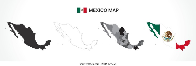 A diverse set of Mexico maps, including a black silhouette, detailed outline, political division map with states, and a flag-themed version, ideal for educational and design purposes