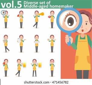 Diverse set of middle-aged homemaker wearing an apron on white background , EPS10 vector format vol.5