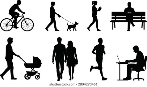 A diverse set of minimalist black human silhouette icons depicting daily activities such as cycling